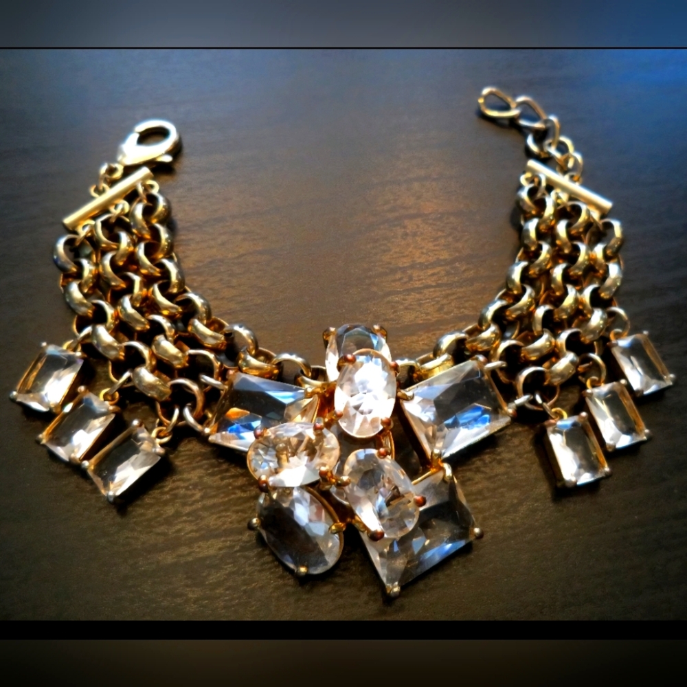 STUNNING VINTAGE ESTATE HEAVY CHUNKY RHINESTONE CHARM 7 3/4" BRACELET